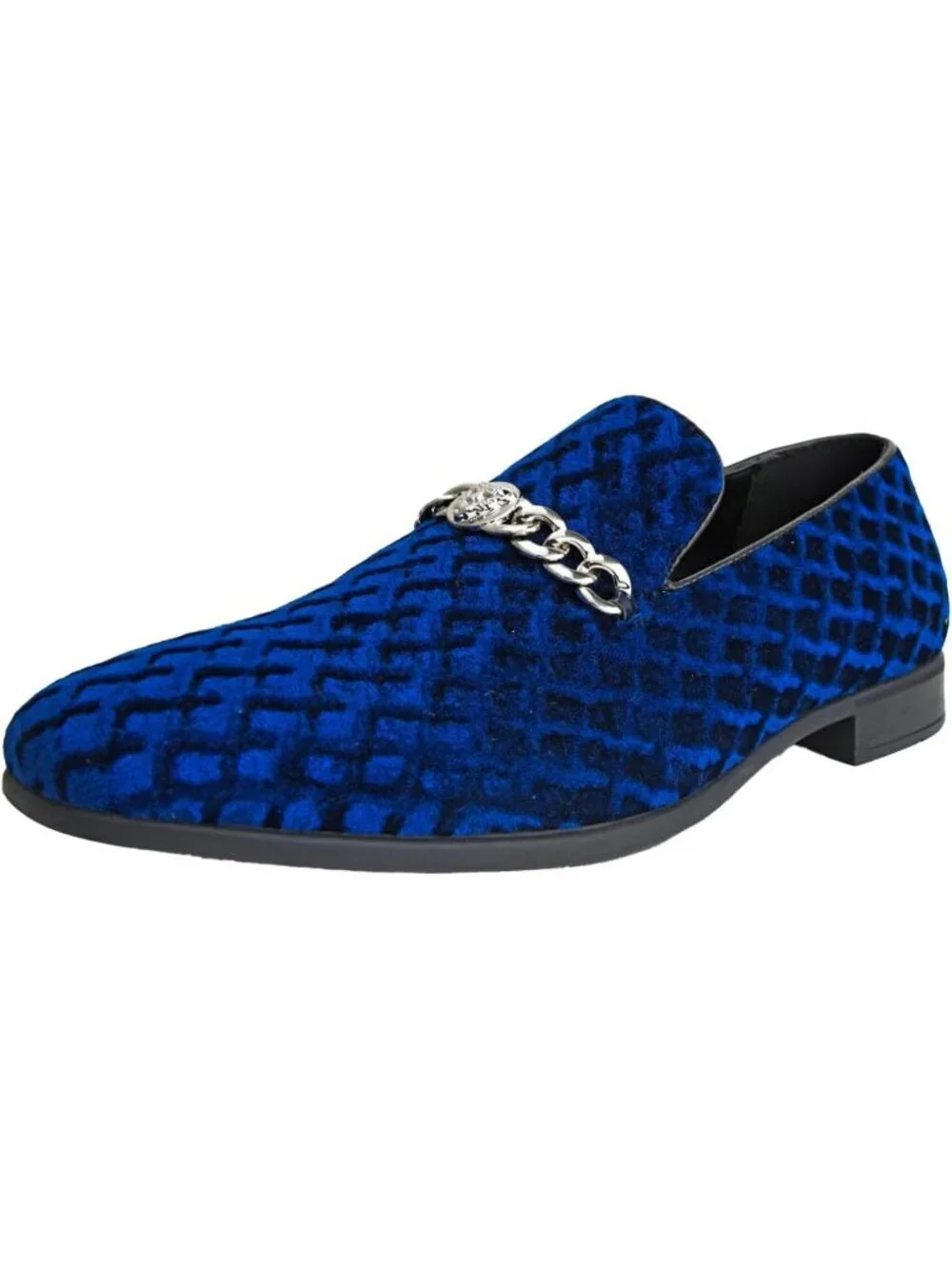 Amali Men's Navy Velvet Loafers Metal Chain Buckle Slip On Smoking Tuxedo Shoes